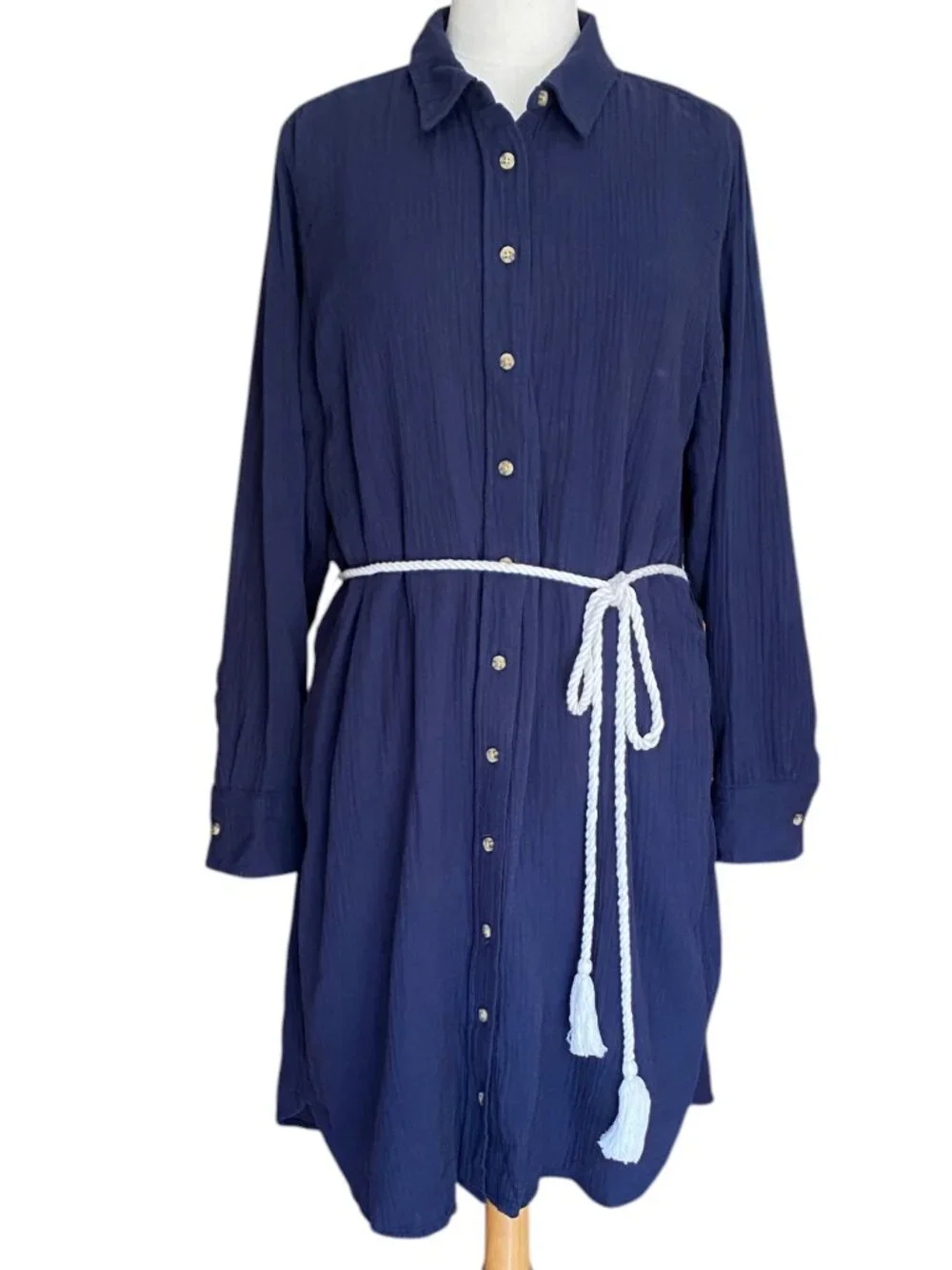 J Crew Navy Blue Gauze Button Down Shirt Dress Nautical Rope Belt Tassels-16